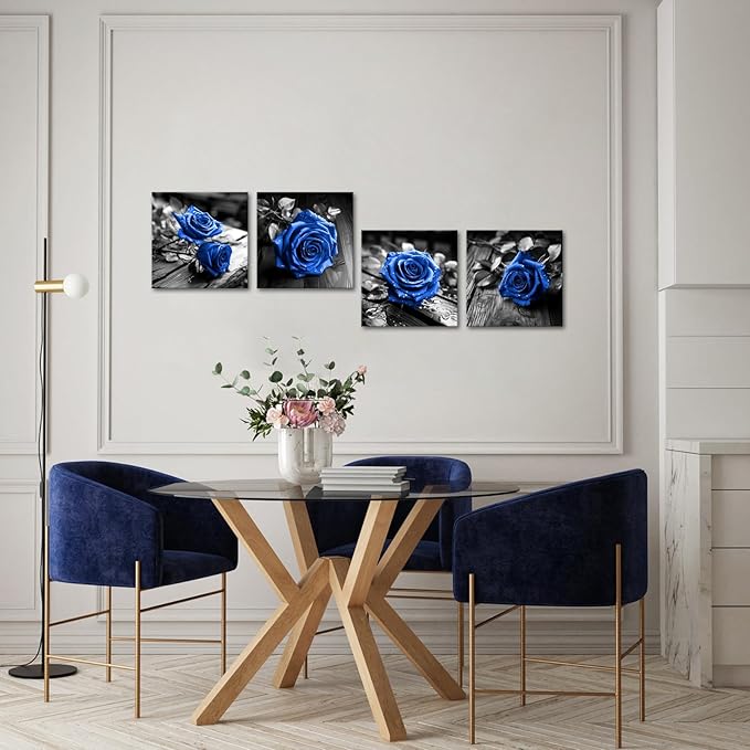 VANSEEING 4 Pieces Blue and Black Rose Flower Canvas Wall Art Floral Pictures Prints Modern Romantic Artwork Wall Decor for Valentine's Day Living Room Bedroom 12x12inchx4Pcs