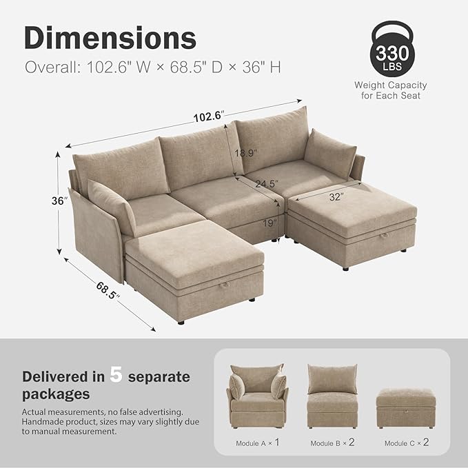 ABCASA 102.6" U Shaped Modular Sectional Sofa, 5 Seater Couch with Storage Ottoman Deep Seat and High Backrest with Removable Cover for Living Room, Apartment - Chenille Beige