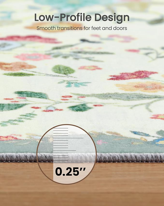 Amada 6x9 Area Rugs, Non-Slip & Low-Profile Living Room Rug with Reinforced Edge Binding, Soft Large Washable Boho Floral Rugs for Living Room, Bedroom, Dining Room