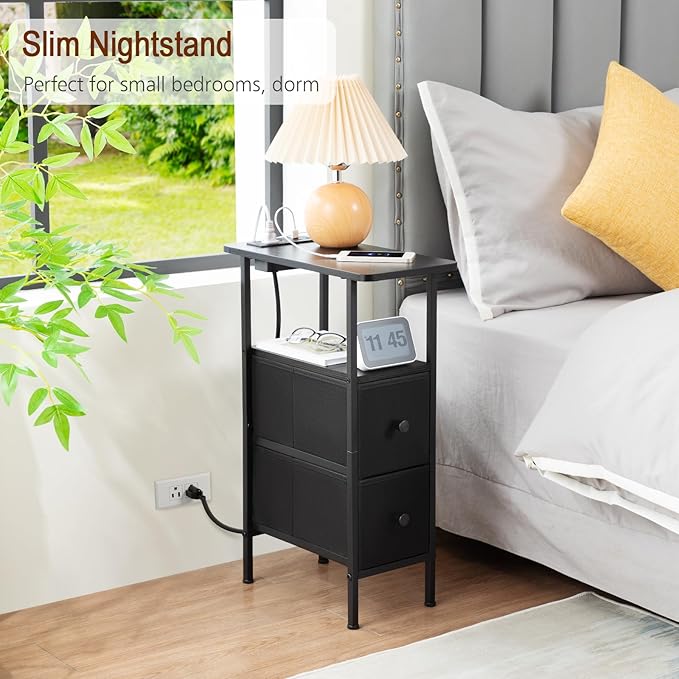 LOAKEKEL Narrow End Table Living Room with Charging Station, Skinny Side Table with Fabric Drawers, Slim Nightstand for Bedroom, Small Spaces, Couch, Black, HETNDP02BK-1