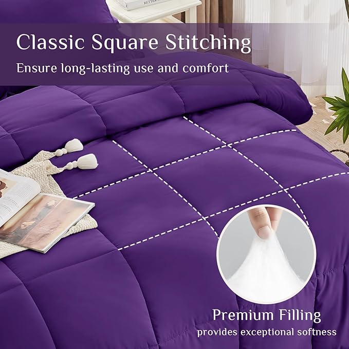 JOLLYVOGUE Queen Comforter Set, Ultra-Soft Bed in a Bag Queen Size 7 Pieces, Oeko-TEX Certified Bedding Set with Down Alternative Comforter, Sheets, Pillowcases & Shams, Purple
