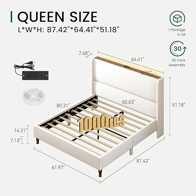 LARMACE Queen Size Bed Frame with LED Lights and Charging Station Linen Upholstered Platform Bed Frame with 51.2" Tall Headboard Wingback and Storage Shelf, No Box Spring Needed, Noise Free, Beige