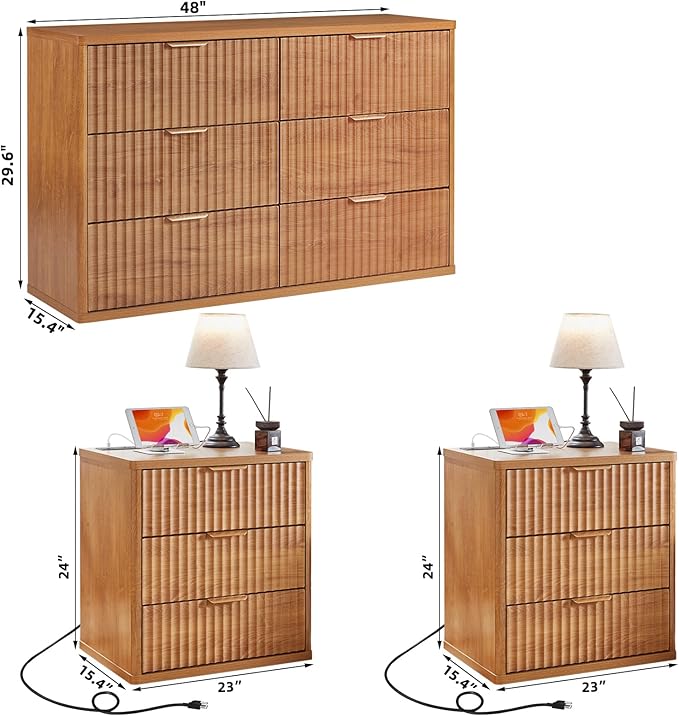 LEYAOYAO 48" Wide Fluted Dresser and 3 Drawers 23" Nightstand Set of 2, Wooden Dresser & Night Stand with Charging Station, 3 Piece Bedroom Furniture Set, Wood Chest of Drawer for Living Room,Brown