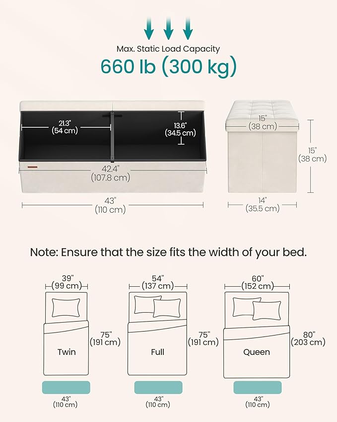 SONGMICS Mazie Collection - 43 Inches Storage Ottoman, Foldable Storage Bench with Flipping Lid, 660 lb Load Capacity, for Entryway, Living Room, Bedroom, Velvet Fabric, Cream White ULSF078LH01