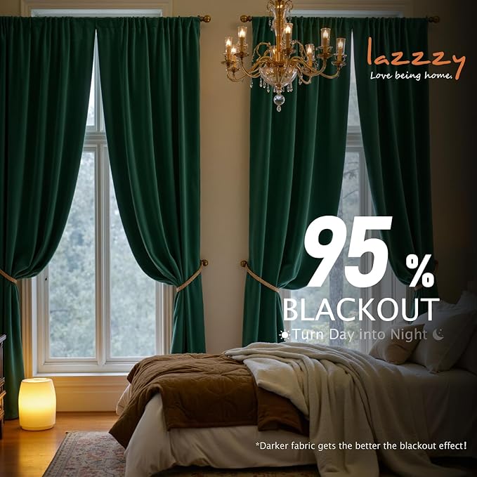 Lazzzy Velvet Blackout Curtains Thermal Insulated Room Window Drapes Super Soft Luxury Curtains for Living Room Bedroom Rod Pocket 2 Panels, Emerald Green, 52" W x 96" L