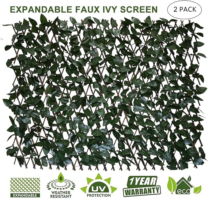GLANT Expandable Fence Privacy Screen for Balcony Patio Outdoor,Decorative Faux Ivy Fencing Panel,Artificial Hedges (Single Sided Leaves) (2, Dark Green)