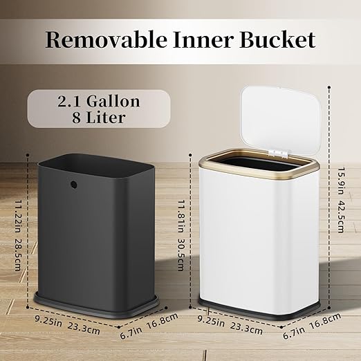 2.1 Gallon Bathroom Trash Can with Lid Press Top, 8 Liter Stainless Steel Garbage Can with Press Type Lid, Slim Trash Bin Waste Basket for Toilet, Office, Bedroom, Living Room (White)