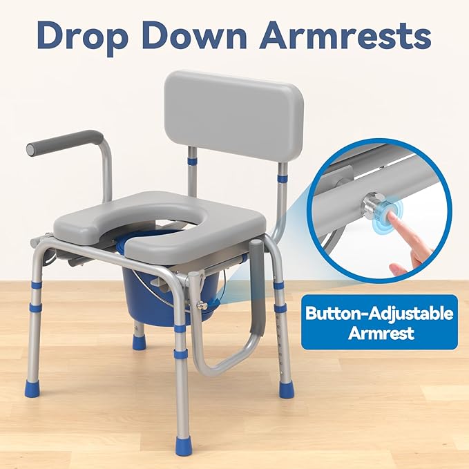Loyoda Drop Arm Bedside Commode, Commode with Padded Seat and Backrest, 500lbs Capacity, 5.81QT Removable Bucket, Adjustable Height Portable Toilet for Adults, Gray