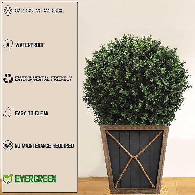 24" H x 17" W Artificial Boxwood Topiary Ball – Realistic UV-Resistant Artificial Shrub with Weighted Pot, Set of 2 – Indoor/Outdoor Year-Round Green Décor for Porch, Garden, Patio