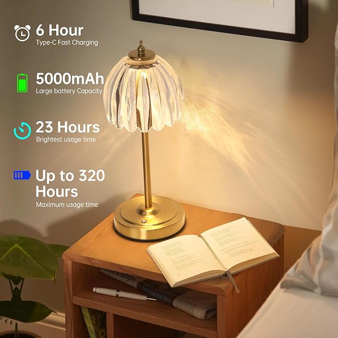 Set of 2 Tulip Table Lamp with 5000mAh Battery & Touch Control, Cordless Small Table Lamp with 3 Colors, Dimmable Rechargeable Table Lamps for Bedroom, Desk, Bedside (Transparent Tulip)