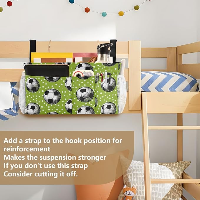 Bedside Caddy Hanging Bunk Bed Caddy Bed Organizer Hanging Pocket with 2 Hooks Bedside Storage Organizer Pocket Bag Holder Deep Green Soccer Balls Dots