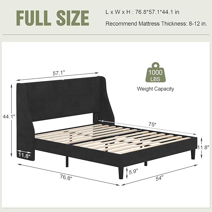 VECELO Full Bed Frame with Upholstered Wingback Headboard, Heavy-Duty Platform Bedframe with Charging Station, Wooden Slats, No Box Spring Needed, Grey