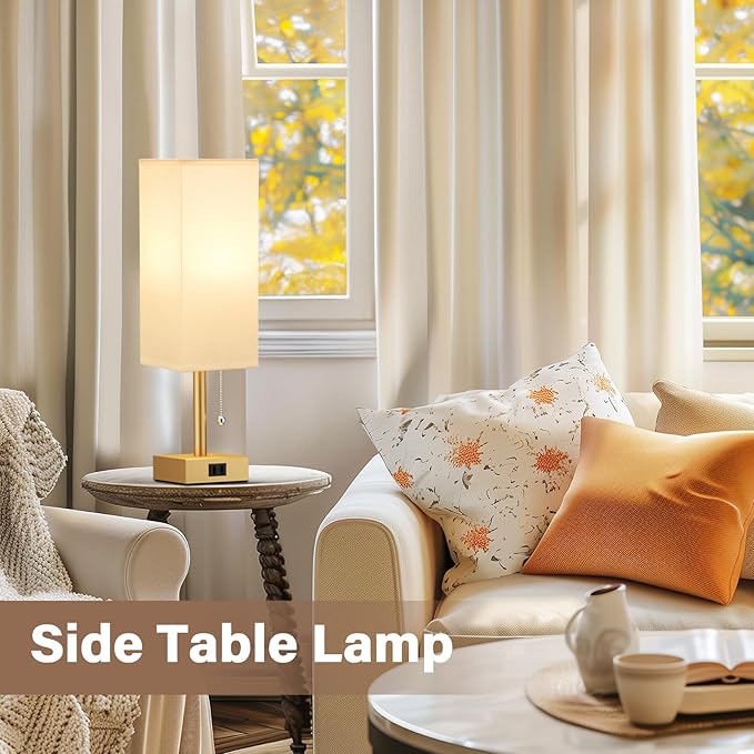Gold Bedside Table Lamps for Bedroom - Small Nightstand Lamp Set of 2 with AC Outlet Charging Port, 3 Color Temperatures Rectangular Desk Light, Tabletop Reading Lamp for Living Room/Dorm/Office