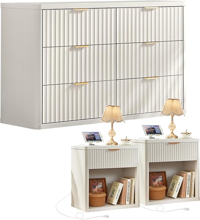 LEYAOYAO 48" Wide Fluted Dresser and 1 Drawers 23" Nightstand Set of 2, Wooden Dresser & Night Stand with Charging Station, 3 Piece Bedroom Furniture Set, Chest of Drawer for Living Room,Antique White