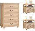 24" Wide Farmhouse Nightstand with Charging Station Set of 2, 45" Tall Rustic Chests of 5 Drawers w/ 4 Solid Wood Feet, Farmhouse Furniture Series for Living Room,Bedroom,Wood