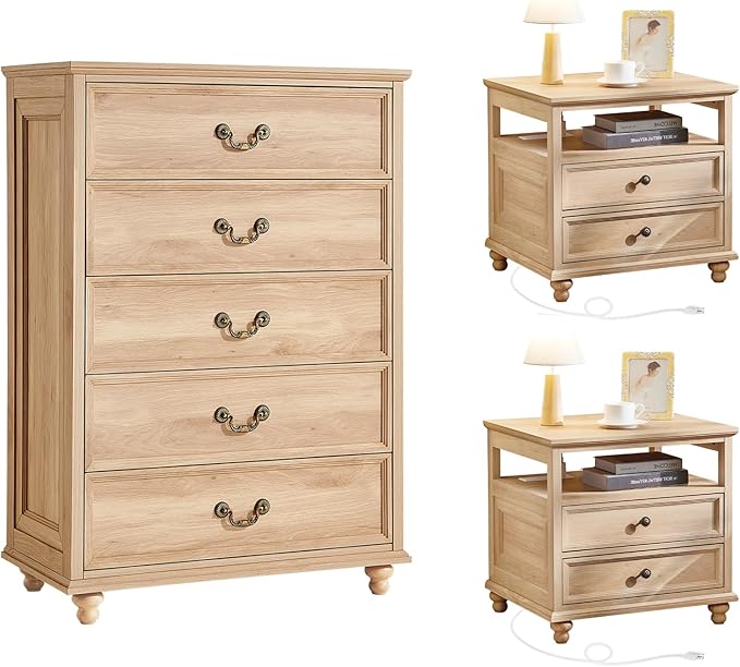 24" Wide Farmhouse Nightstand with Charging Station Set of 2, 45" Tall Rustic Chests of 5 Drawers w/ 4 Solid Wood Feet, Farmhouse Furniture Series for Living Room,Bedroom,Wood