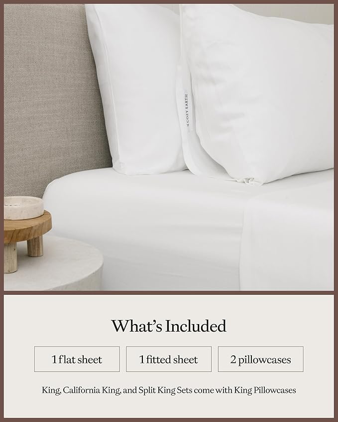 Cozy Earth Luxury Bed Sheet Set - 100% Viscose from Bamboo Fabric, Ultra-Soft & Breathable, Fits Regular & Deep Pocket Mattresses up to 20" - 4 Pieces California King Sheet Set White
