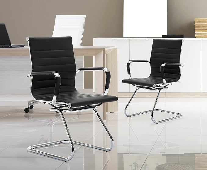 Wahson Office Guest Chairs Set of 10, Leather Reception Chairs, Mid Back Waiting Room Chair, Conference Chairs with Sled Base, Desk Chair No Wheels for Meeting/Lobby/Restroom, Black