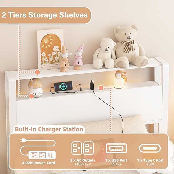 Twin Bed Frames with Charging Station, 2 Tiers Storage Headboard Twin Sized Bed No Box Spring Needed Heavy Duty Metal Platform, White