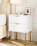 Masupu Nightstand with Charging Station,Mid-Century Modern Bedside Table with 2 Storage Drawer,Small Gold Frame Side End Table for Bedroom,Living Room (White)