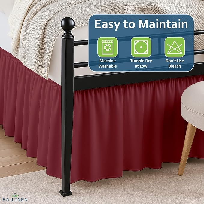 Rajlinen Ruffled Bed Skirt Full XL, 18 Inch Drop Dust Ruffle with Split Corners, 100% Microfiber Bedskirt with Platform, Three-Sided Coverage Ruffled Gathering Design, Burgundy