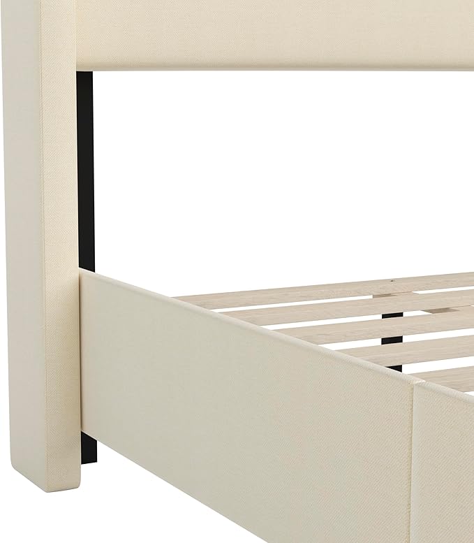 EMMA + OLIVER Nora Twin Size Faux Linen Upholstered Platform Bed with Plush Padded Wingback Headboard (No Box Spring Needed), Modern Upholstered Headboard Twin Bed Frame, Beige