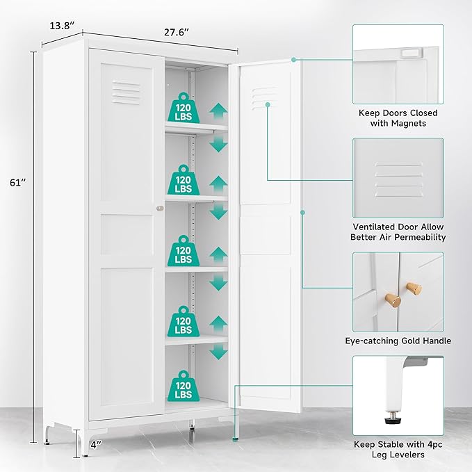 SISESOL Metal Storage Cabinet with Doors and Shelves,White Storage Cabinet with Leg & Vent Hole,Food Pantry Cabinets,5 Tier Metal Pantry,Tall Large Cupboard for Home,Kitchen,Dining/Living/Laundry Room