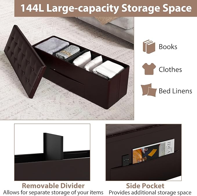 Giantex 43 Inches Folding Storage Ottoman Bench, Upholstered PU Leather Storage Chest with Side Pocket, Padded Seat, End of Bed Bench, Collapsible Ottoman Foot Rest for Living Room, Bedroom & Entryway