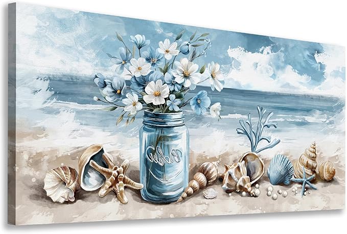 yearainn Coastal Canvas Wall Art - Rustic Jar Flowers Pictures Wall Decor Seashells Seaside Painting Artwork Ocean Landscape Prints for Living Room Bedroom Office Home Decor Ready to Hang 48" x 24"