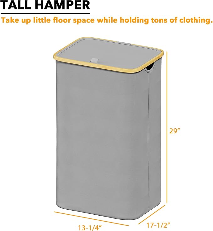 SpaceAid Laundry Hamper with Lid, 110L Large Tall Clothes Basket Bin with Bamboo Handles, Collapsible Laundry Hamper for Bedroom, Bathroom, Dorm, Laundry Room - Light Grey