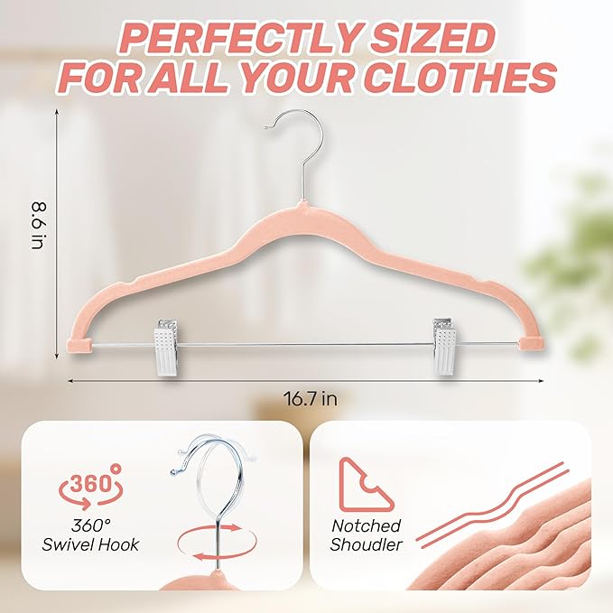 Velvet Pants Hangers 20 Pack with Adjustable Clips, Space-Saving Slim Felt Clothes Hangers, Heavy Duty & Non-Slip Flocked Hangers for Pants, Skirts, Dresses, and Jeans(Pink)