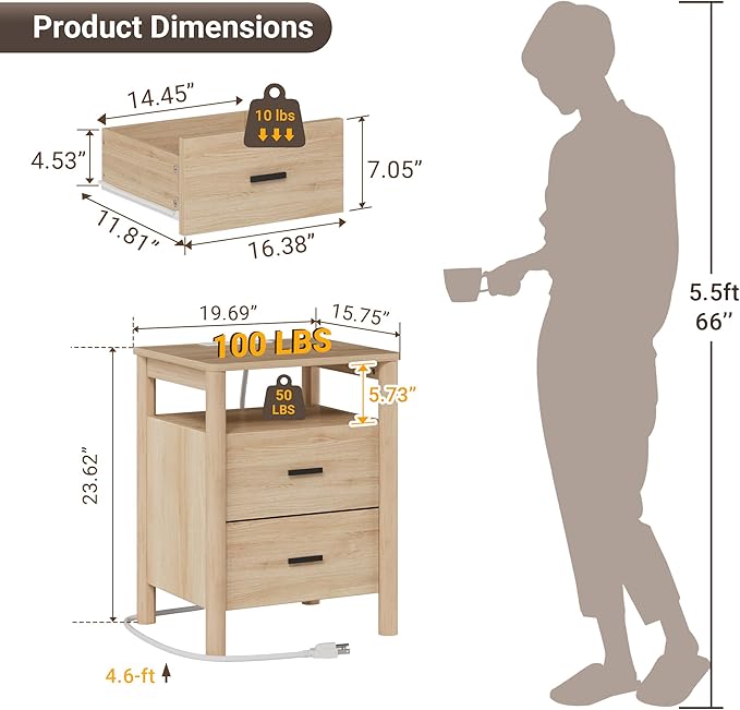 FavourLife Night Stand Set 2, 20" Wide Nightstands Set of 2, Modern Nightstand with Charging Station, 2 Drawer Wooden End Table with Solid Round Post Legs, Large Bedside Table for Bedroom, Natural Oak