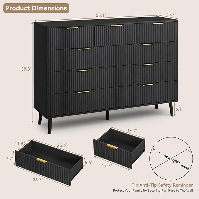 CARPETNAL Fluted 9 Drawer Dresser for Bedroom, 55" Wide Wooden Chest of Drawers with Rounded Corners, Gold Handles, Modern Storage Organizer for Bedroom, Hallway(Black)