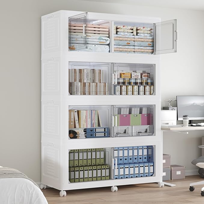 640 QT Extra Large Stackable Storage Bins with Lid, 160 Gal Collapsible Storage Box with Wheels, Folding Closet Organizers and Storage Cabinet with Doors for Home, Kitchen, Office, 4Pack White