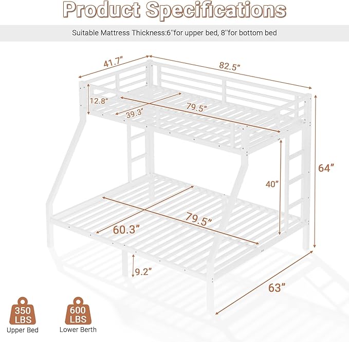 Twin XL Over Queen Bunk Bed Frame, Heavy Duty Metal Loft Bed for Adults/Teens, 350/600LB Capacity w/Ladder & Guardrail, Noise-Free Steel Slats, No Box Spring Required, White