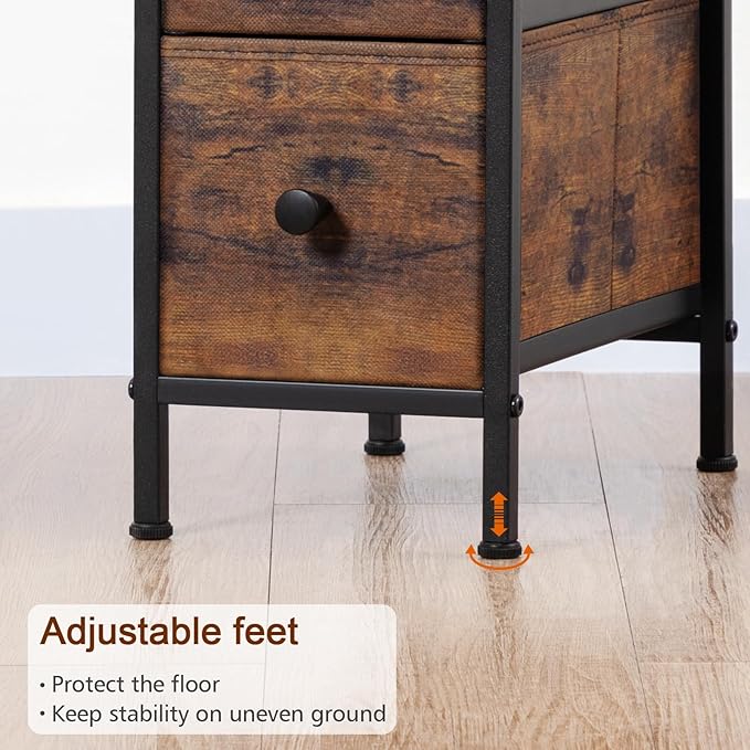 LOAKEKEL Narrow End Table Living Room with Charging Station, Skinny Side Table with Fabric Drawers, Slim LED Nightstand for Bedroom, Small Spaces, Couch, Rustic Brown, HETNDP02LPBR-1