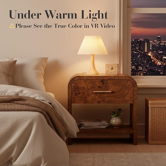 Night Stand Set of 2 [Unique Curved Profile] [FSC-Certified Wooden Board] 1-Drawer and 1 Storage Shelf Nightstand 24" H Metal Handle Modern Bedside Table Side Table End Table
