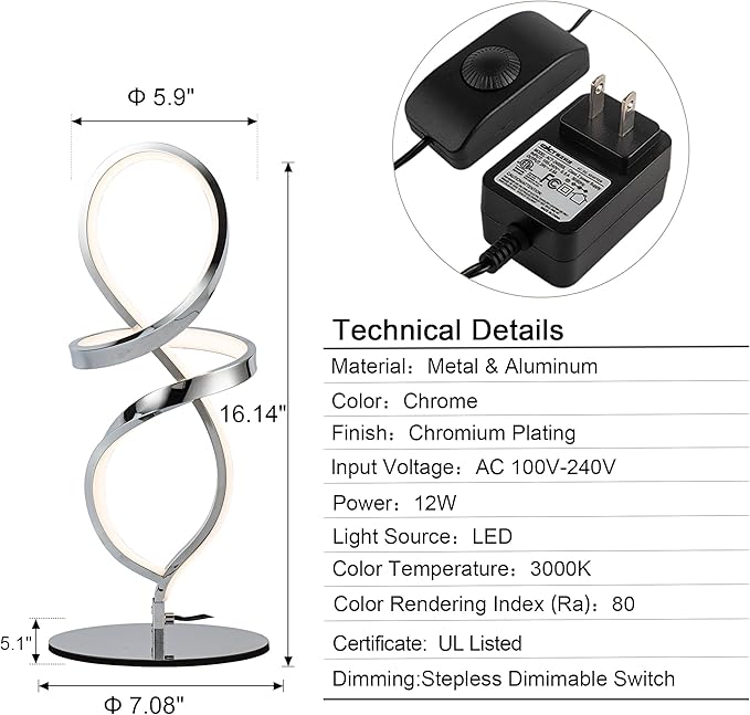 Mayful Modern Lamp with LED Spiral Design, Bedside Lamp with Stepless Dimming Switch, Contemporary Nightstand & Chrome Table Lamp for Bedroom, Living Room, Home Office, 12W 3200K Warm White,2 Pack