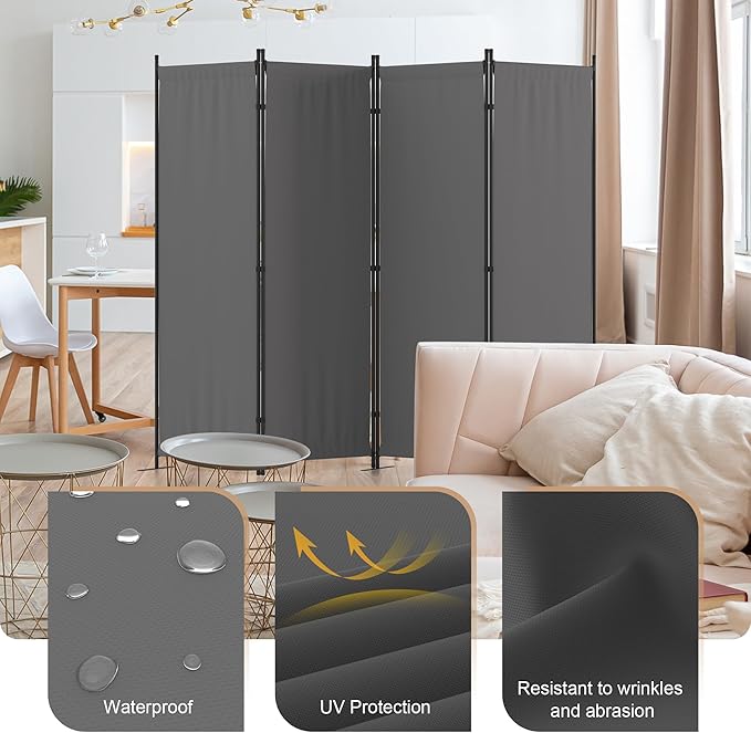 Room Divider, 4 Panel Folding Privacy Screen, 88” Portable Separating with 3 Metal Feet, Partition Room Dividers, Lightweight Freestanding Wall Divider Screen for Office Bedroom Hospital(Grey)