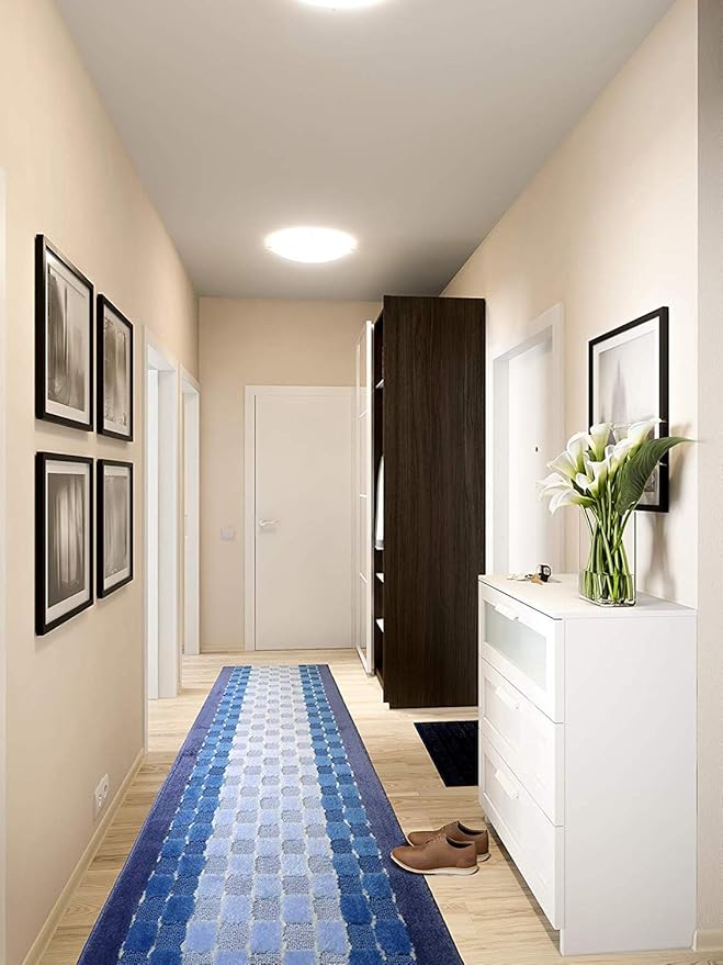 Custom Length Hallway Runner Rug,Slip Resistant,Checkered Blue, 26 Inch X 14 feet, Sold and Priced Per Foot