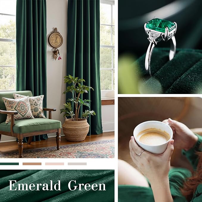 Lazzzy Velvet Blackout Curtains Thermal Insulated Room Window Drapes Super Soft Luxury Curtains for Living Room Bedroom Rod Pocket 2 Panels, Emerald Green, 52" W x 72" L