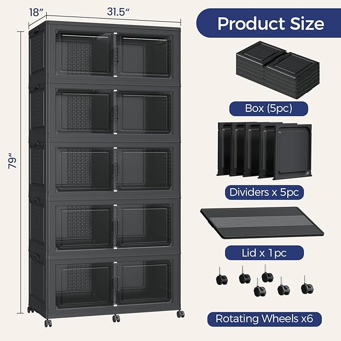 250GAL Extra Large Storage Bins with Lid, 1000Qt Stackable Closet Organizers and Drawers, Collapsible Storage Bins with Wheels, Folding Containers for Home, Kitchen Office, 5Pack Black