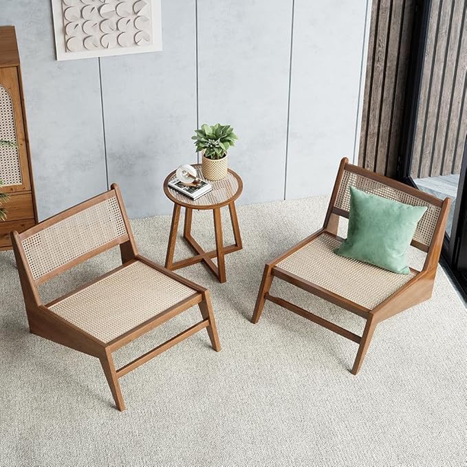homary Mid Century Modern Chair Japandi Walnut Rattan and Wood Lounge Chairs Armless Accent Chair for Living Room Bedroom Balcony & Patio