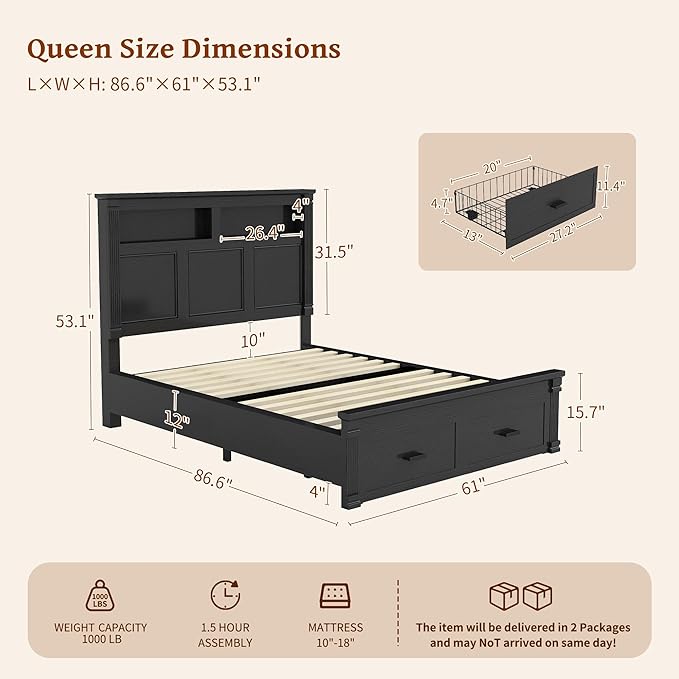 53" Tall Queen Bed Frame with Headboard and Storage, 2 Drawers and LED Built in Charging Station Bed Frame Queen Size with Farmhouse Roman Column Decoration,No Box Spring Needed (Black)