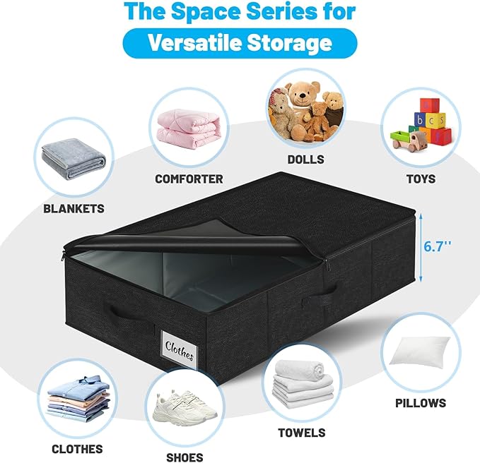 Under Bed Storage Container Bins 2 Pack, Low Profile Foldable Underbed Clothes Storage Organizer W/ Ultra Thick Fabric and Sturdy Bottom/Sides, Dual Zipper Storage Box for Dorm and Home 30x16x6.7"