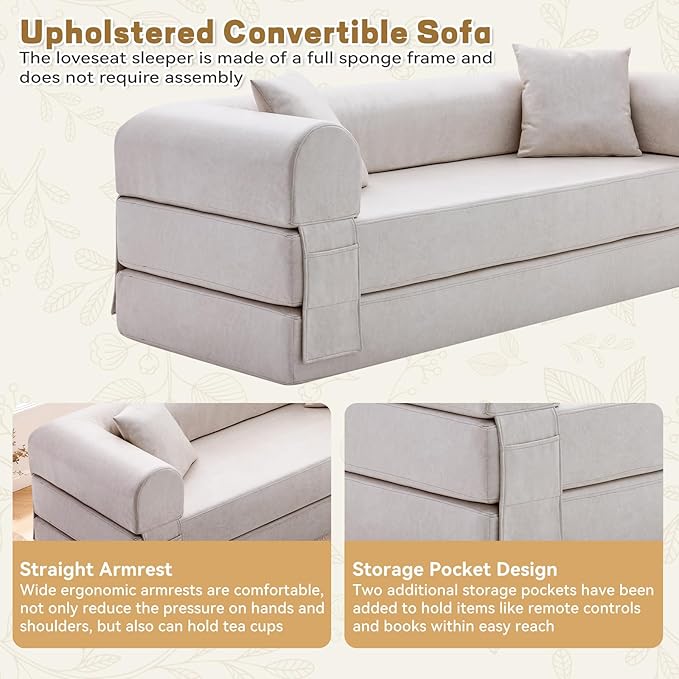 Convertible Sleeper Sofa Bed,78.5 Inch Faux Leather Futon Couch with Pillows & Storage Pocket,5-in-1 Folding Sofa Bed Queen with Pull Out Beds,Boneless Couches for Living Room,Couch in a Box,Beige