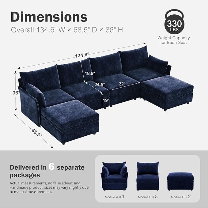 ABCASA 134.6" Oversized Modular Sectional Sofa, 6 Seater U Shaped Couch with Storage Ottoman with Reversible Chaise Deep Seat for Living Room, Apartment - Chenille Blue