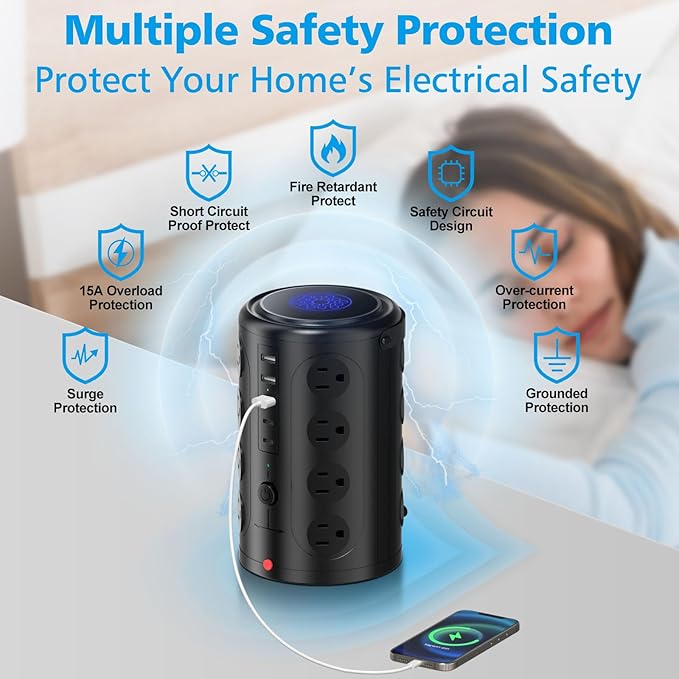 Tower Surge Protector Power Strip (16 AC Outlets + 5 USB Ports Including 2 Type-C), 5FT Extension Cord, 1800J Protector Charging Tower, Essential for Home/Office/Dorm