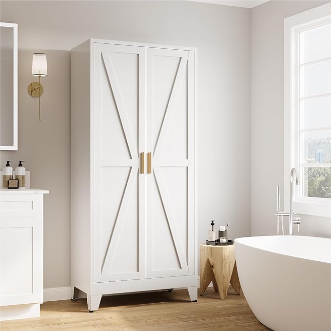 71" Tall Metal Armoire Wardrobe Closet with Removable Hanging Rod and Adjustable Shelves,White Armoire Wardrobe Cabinet for Bedroom Garage Laundry Room Office