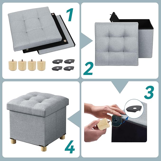 BRIAN & DANY Ottoman with Storage, Small Storage Ottoman for Dorm, Linen Folding Ottoman Foot Stool with Legs for Living Room and Bedroom, 15"x15"x15" - Light Gray
